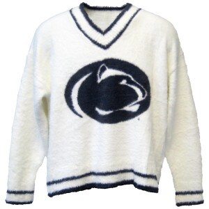 white fuzzy v-neck sweater with Penn State State Athletic Logo